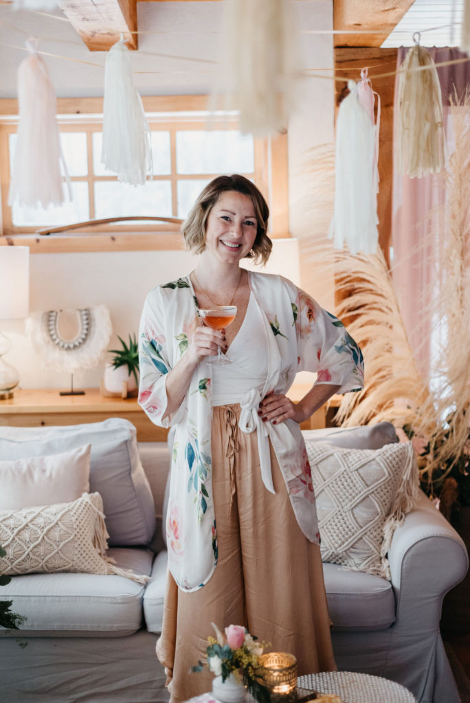 Bridesmaid wearing our Floral Robe used as cover up for her outfit