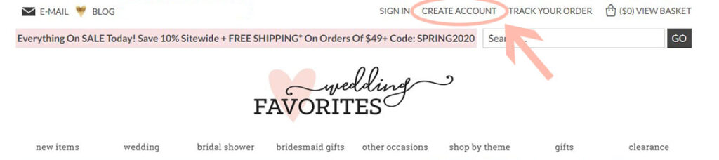 Where to create a customer account on Wedding Favorites