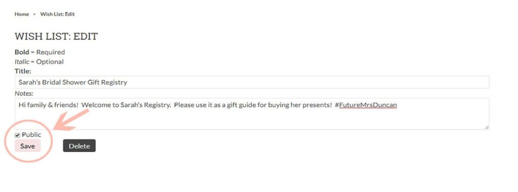 Personalized bridal shower gift registry, check mark public and save.