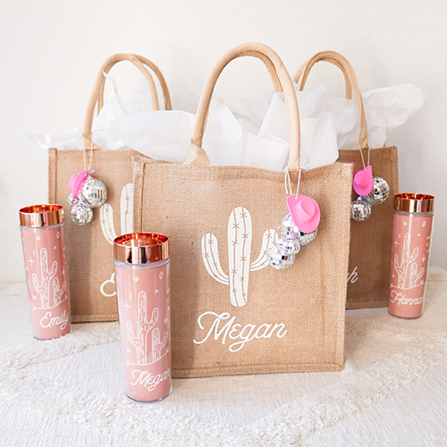 Burlap Tote bags featuring a white catcus vinyl label and custom personalized text styled in a disco cowgirl theme