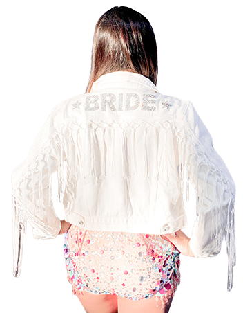 Back of a Bride wearing a short white fringe jacket with sparkle letters spelling "Bride".