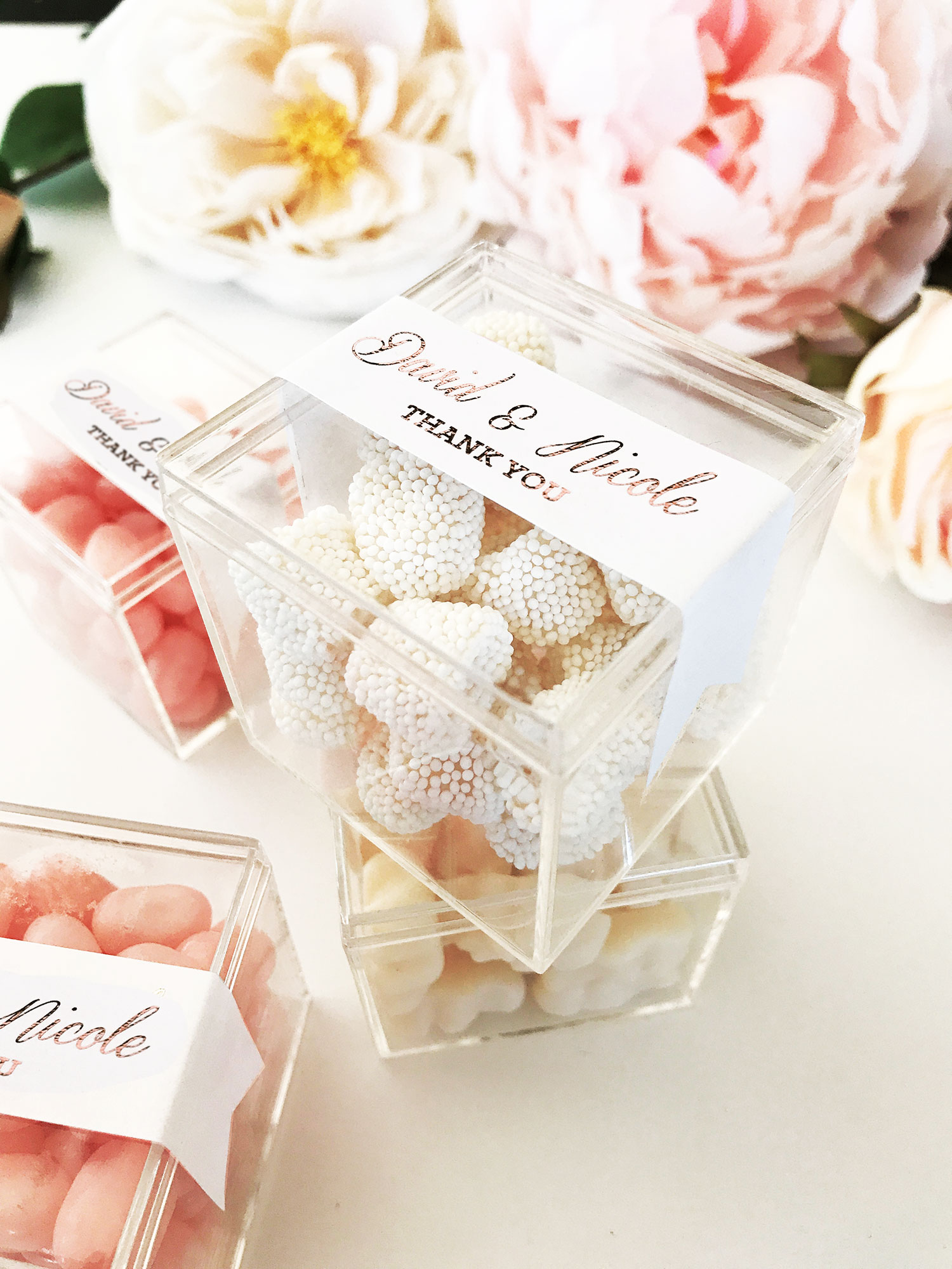 PVC Wedding Favor Sweets Clear Cube Favour Boxes with Metallic Inserts 