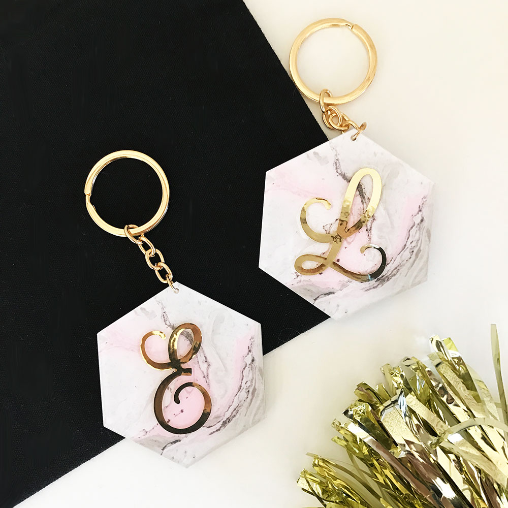 Personalized Pink Marble Monogram Keychain