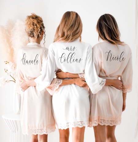 Champagne satin bride robe with your custom inscription, Elegant