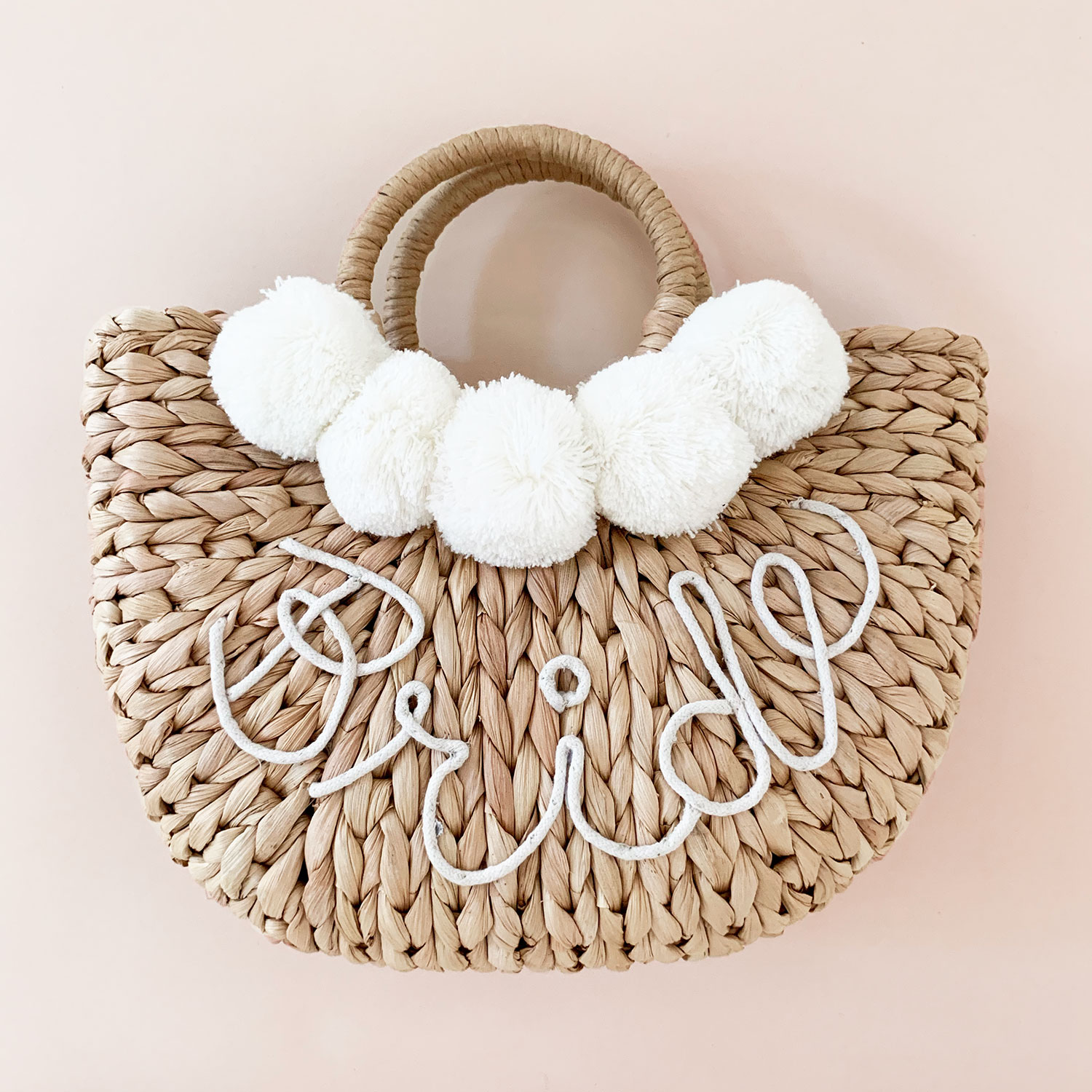 Event Blossom Crescent-shaped 'Bride' Woven Straw Purse with Pom Poms